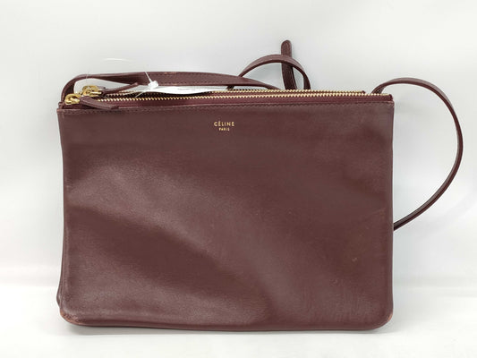 CELINE Trio Leather Shoulder Bag in Wine Red