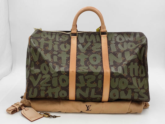 LOUIS VUITTON Monogram Graffiti Tiky Pole 50 Khaki Boston Bag