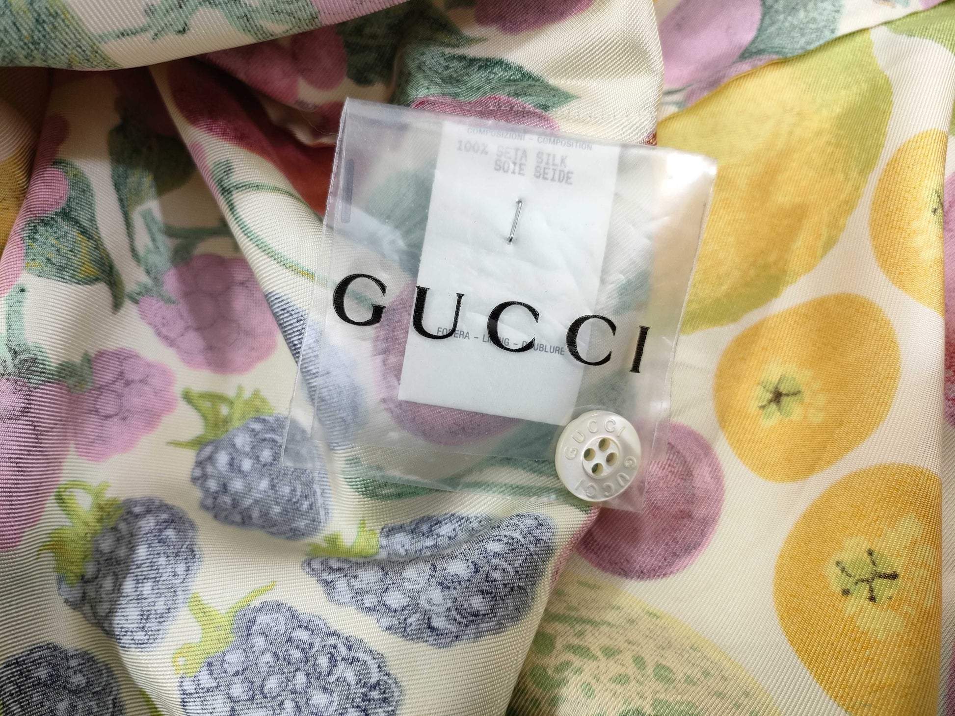 GUCCI 100% Silk Shirt with Fruit Pattern