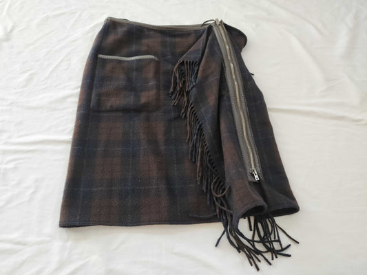 HERMES Skirt Check Fringe 100% Cashmere Skirt