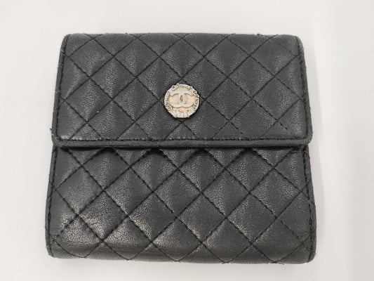 CHANEL Lamb Black Pink Folding Wallet