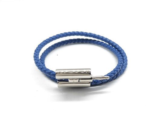 HERMES Tournis Tresse Leather Bracelet/Bangle in Blue, Box and Dust Bag Included