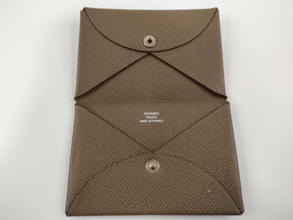 HERMES Card Case □P Engraved Etoupe Card Case, Pass Case, Business Card Case