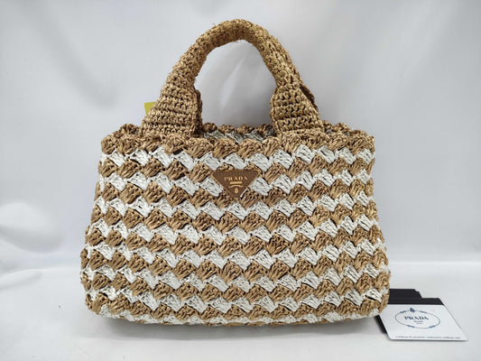 PRADA Raffia Tote Triangle Logo Handbag
