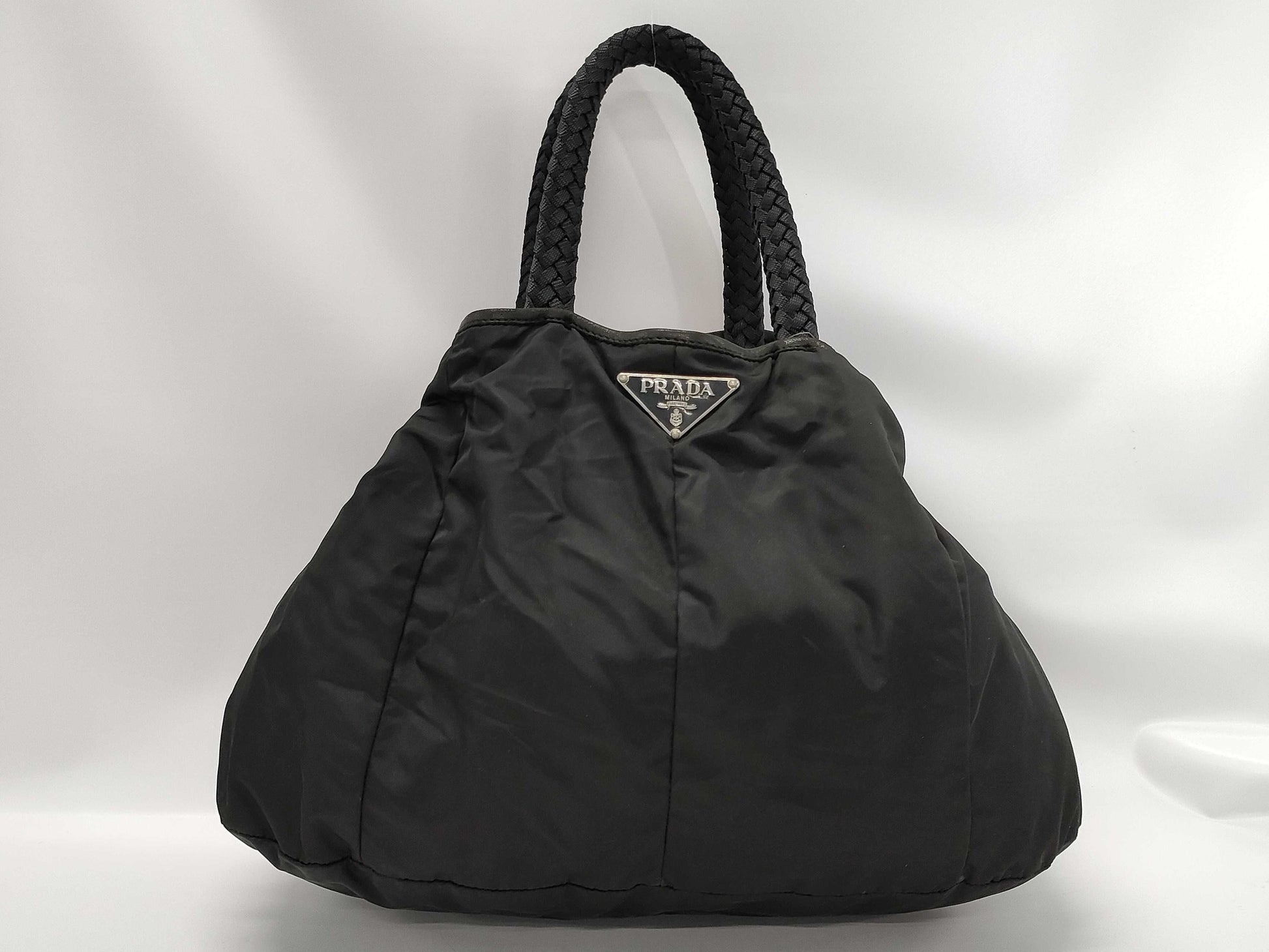 PRADA Nylon Triangle Logo Woven Hand Tote Bag