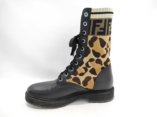 FENDI 8T6780 Leopard Animal FF Zucca Lace-up Boots Other Shoes