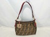 FENDI 8BR454 Zucca Pattern Leather Handbag Brown/Red with Circle Logo Hardware