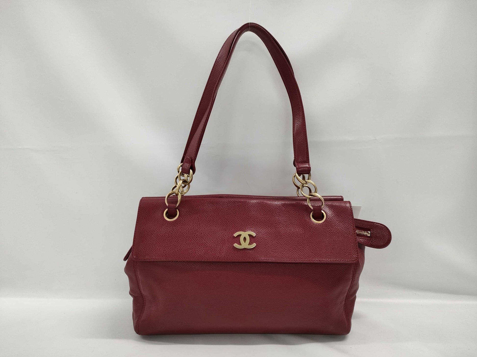 CHANEL Caviar Skin Coco Mark Chain Tote Bag No. 8 Red Handbag