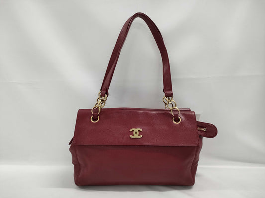 CHANEL Caviar Skin Coco Mark Chain Tote Bag No. 8 Red Handbag