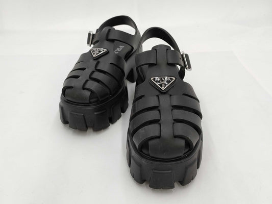 PRADA Triangle Plate Rubber Black Sandals