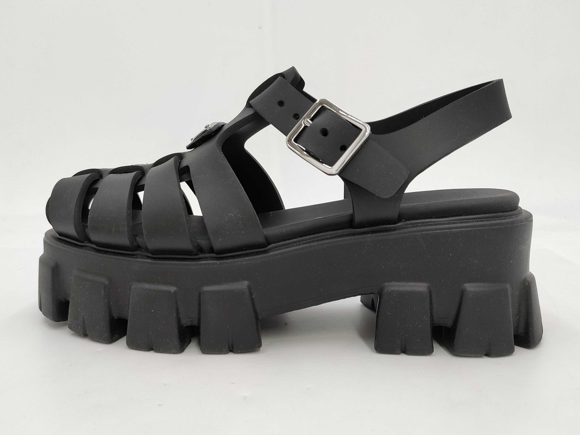 PRADA Triangle Plate Rubber Black Sandals