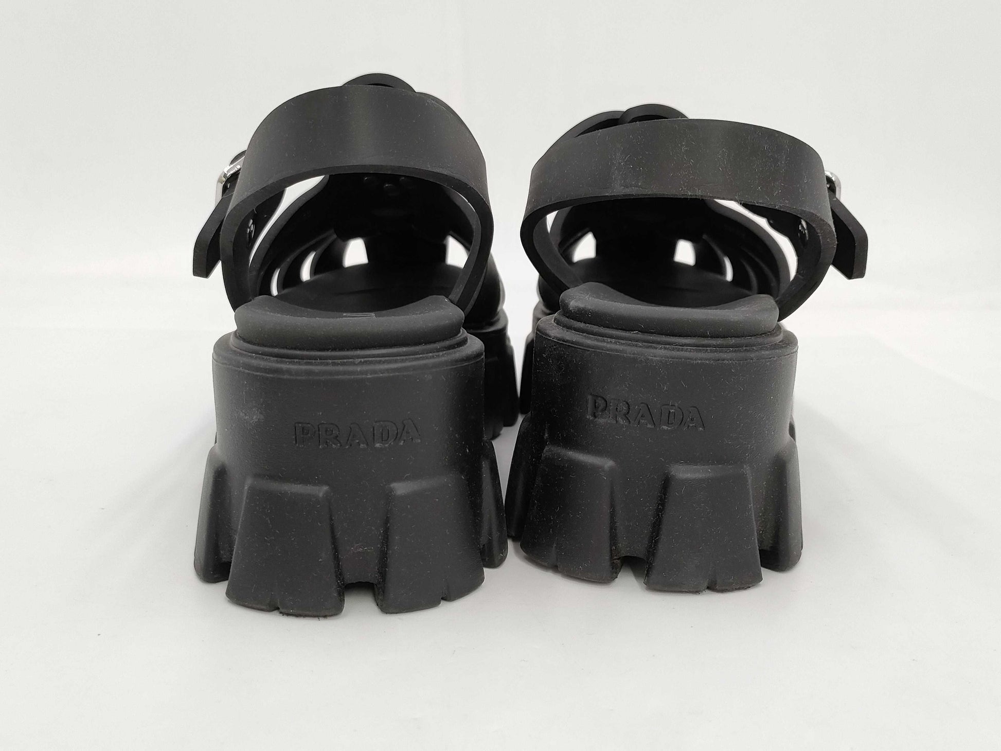 PRADA Triangle Plate Rubber Black Sandals