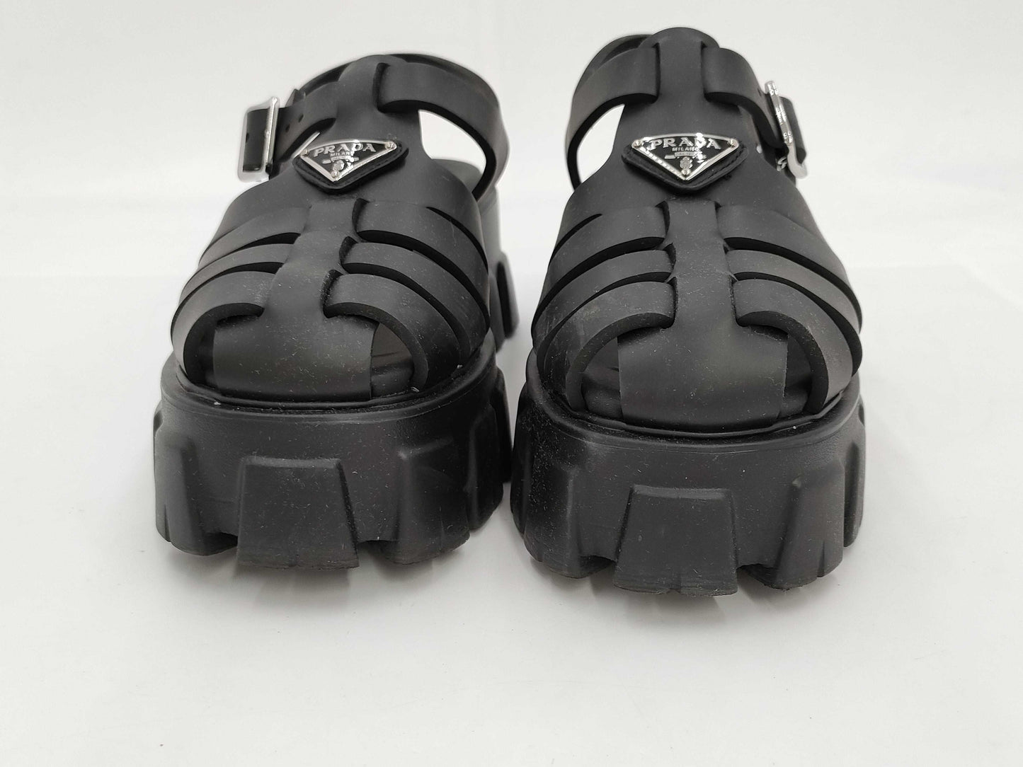 PRADA Triangle Plate Rubber Black Sandals
