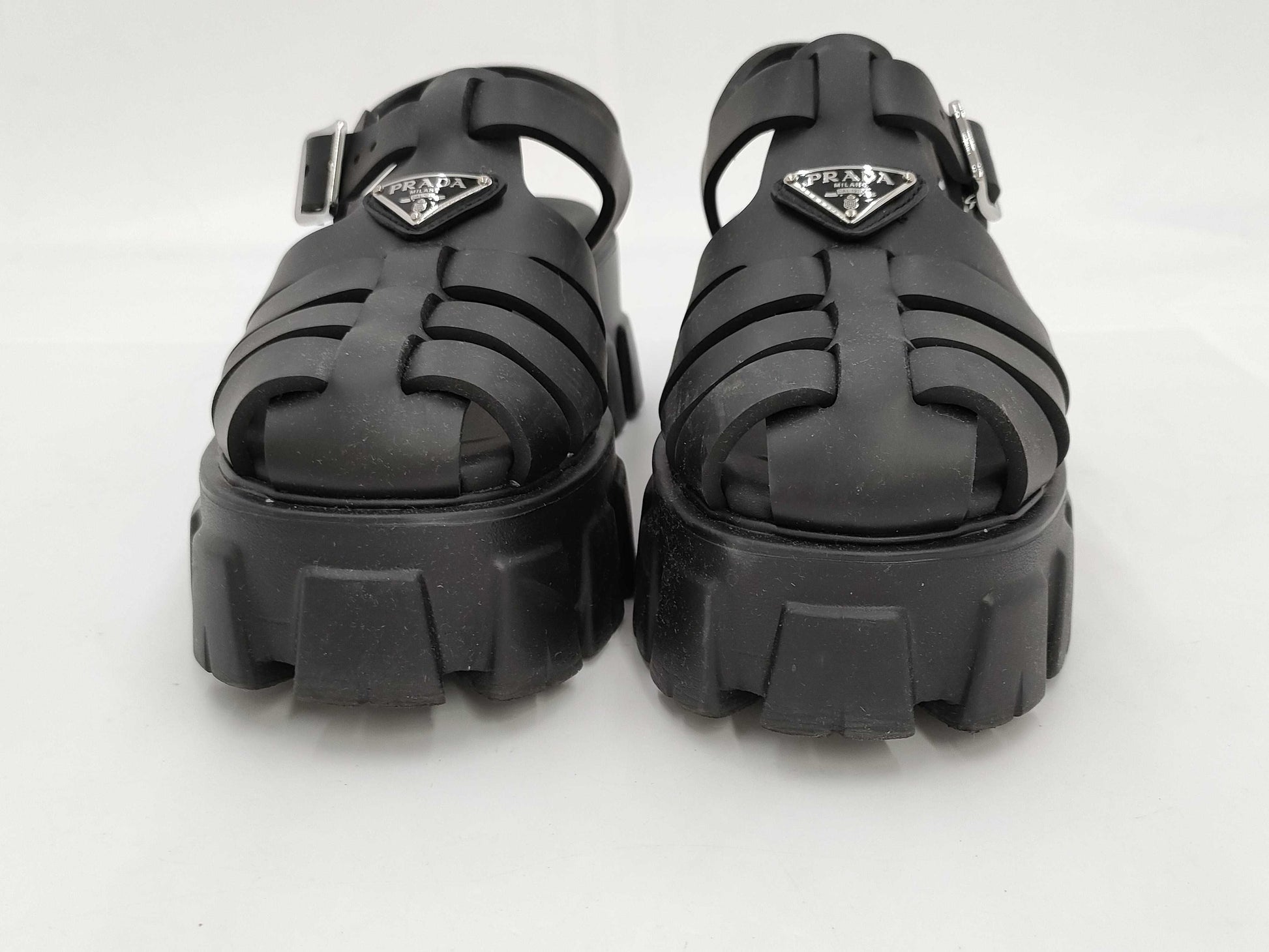 PRADA Triangle Plate Rubber Black Sandals