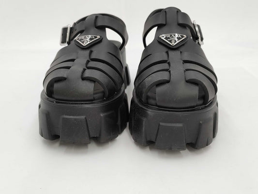 PRADA Triangle Plate Rubber Black Sandals