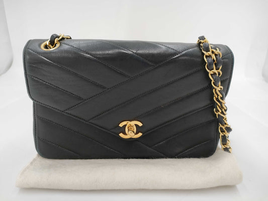 CHANEL Lambskin V-Stitch V-Flap Shoulder Bag