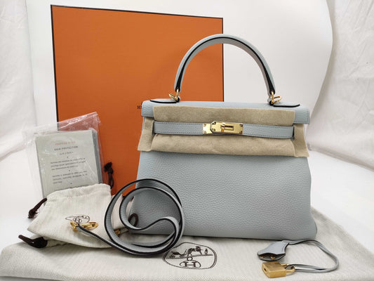 HERMES Kelly 28 handbag, inlaid with blue pale blue, Taurillon Clemence leather, gold hardware, Y stamp