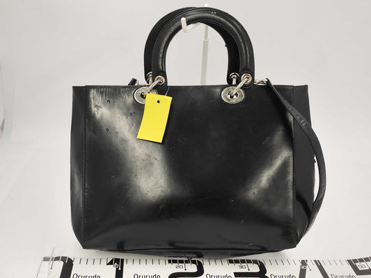 Dior Lady Dior Leather 2-Way Black Handbag with Deterioration, Surface Peeling, and Charm Missing