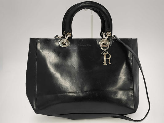 Dior Lady Dior Leather 2-Way Black Handbag with Deterioration, Surface Peeling, and Charm Missing
