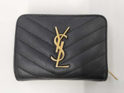 Yves Saint Laurent Bifold Wallet with Caviar, Gold Hardware, Logo, and a Tear
