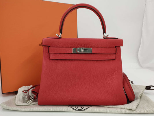 HERMES Kelly Kelly 28 Red with Silver Hardware and K Stamp