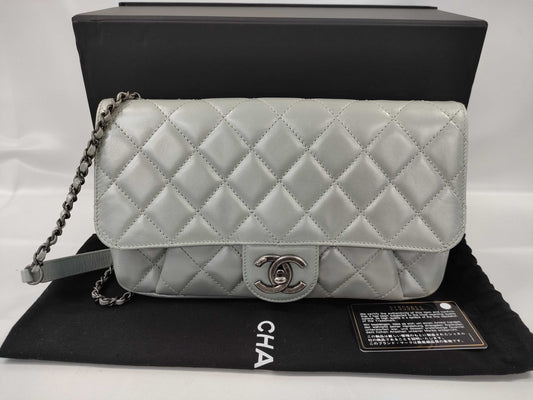 CHANEL Lambskin Chain Shoulder Bag, Gray, 2-Way, No. 21