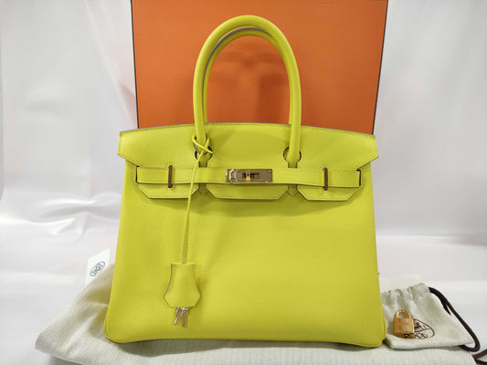 HERMES Birkin 30 D Stamp, Epsom Leather, Lime, GD Hardware, Handbag