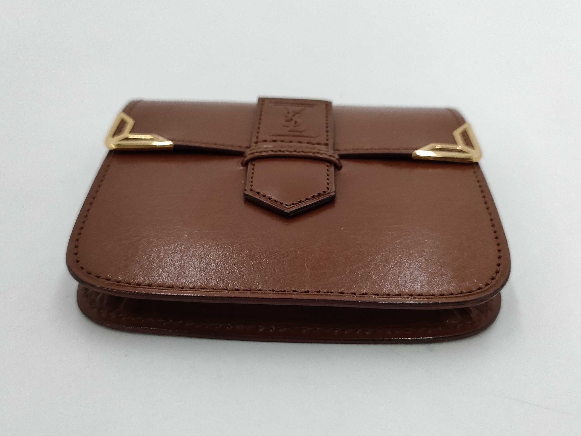 (10461_0049) Yves Saint Laurent YSL Logo/Brown Leather/Gold/Coin Case Coin Case