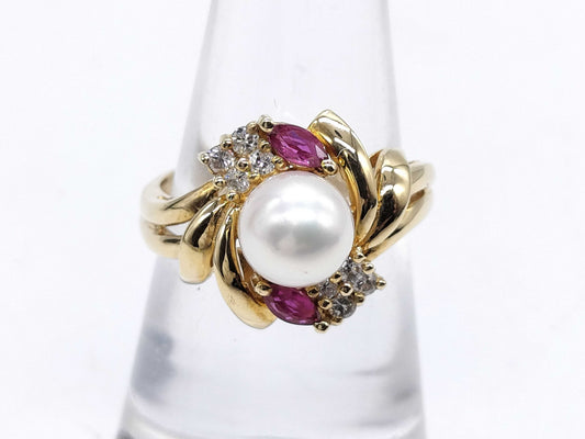 Pearl, diameter approximately 6.8mm, Ruby, D0.15ct, K14, 4.3g Ring 