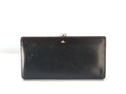  Vivienne Westwood Leather Long Wallet with Clasp Closure, Black