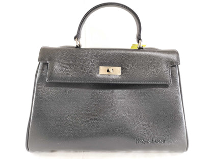 Yves Saint Laurent Leather Hand Kelly Style Black Logo Embossed Handbag