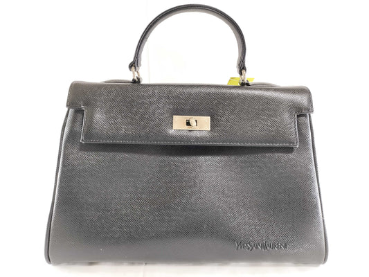 Yves Saint Laurent Leather Hand Kelly Style Black Logo Embossed Handbag