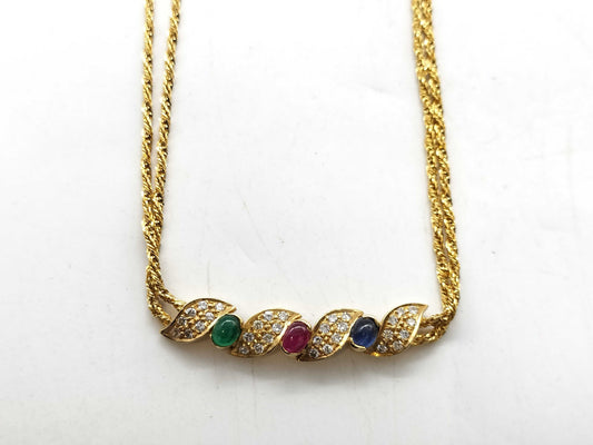 Cabochon Ruby, Cabochon Sapphire, Cabochon Emerald, and Diamond 585 Necklace, 9.5g 