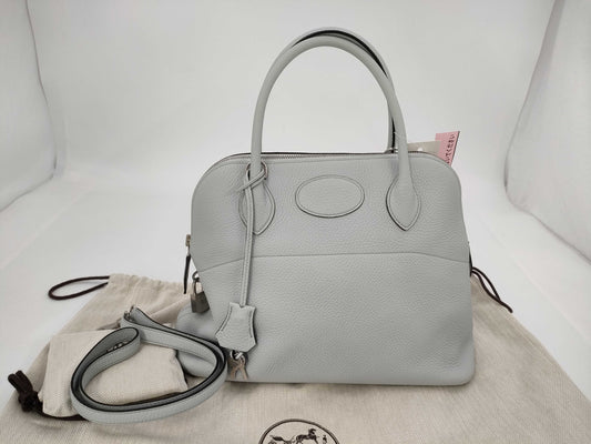 HERMES Bolide 31 Taurillon Clemence Leather Handbag in Pastel Blue with Silver Hardware [Stamped] D