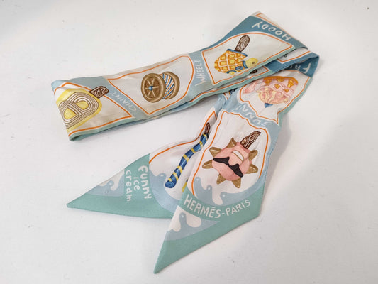 HERMES Twilly Funny Ice Cream Blue/White Scarf
