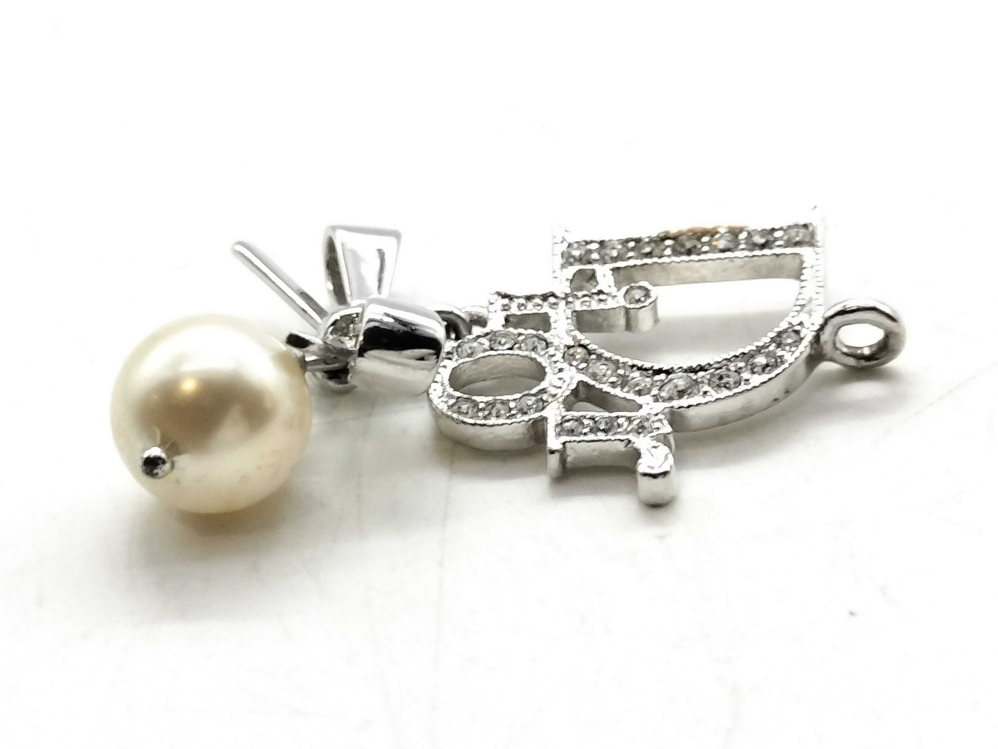 Dior Logo Rhinestone Faux Pearl Necklace Pendant