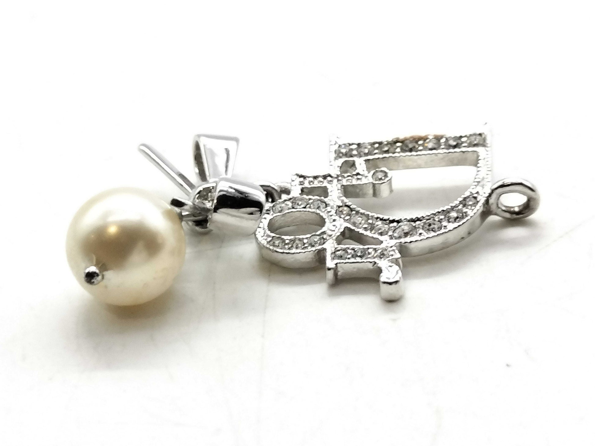 Dior Logo Rhinestone Faux Pearl Necklace Pendant
