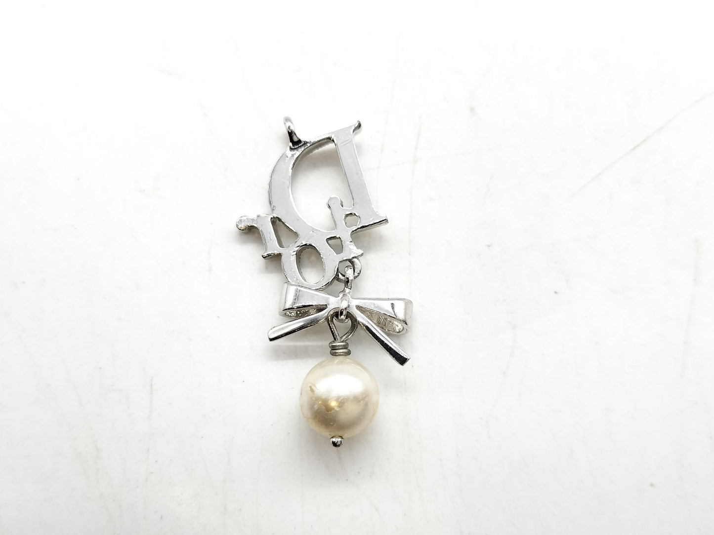 Dior Logo Rhinestone Faux Pearl Necklace Pendant
