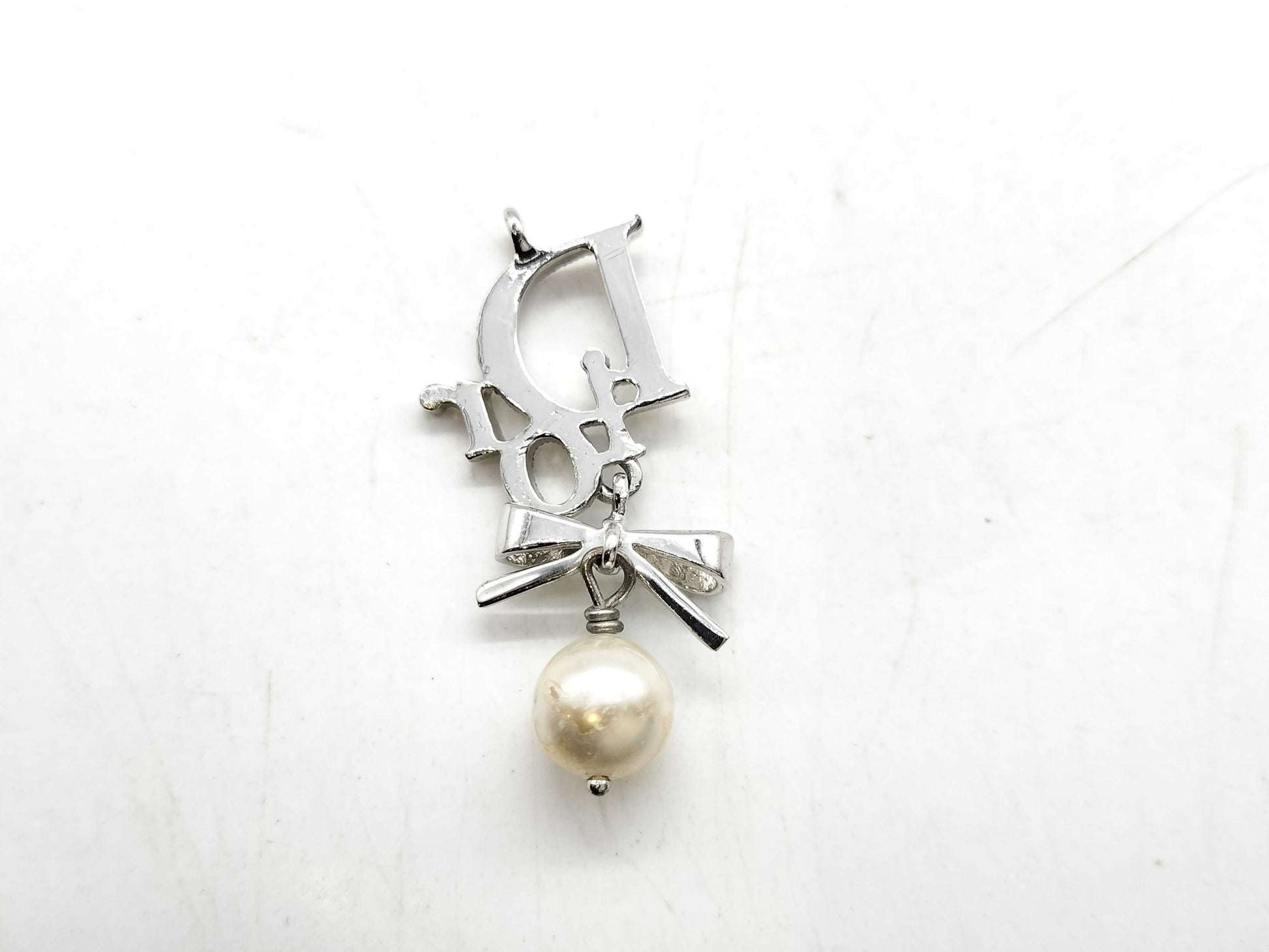 Dior Logo Rhinestone Faux Pearl Necklace Pendant