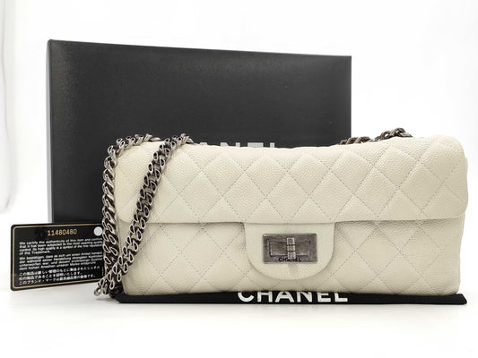CHANEL Caviar Skin 2.55 Chain Shoulder Single Flap White Shoulder Bag