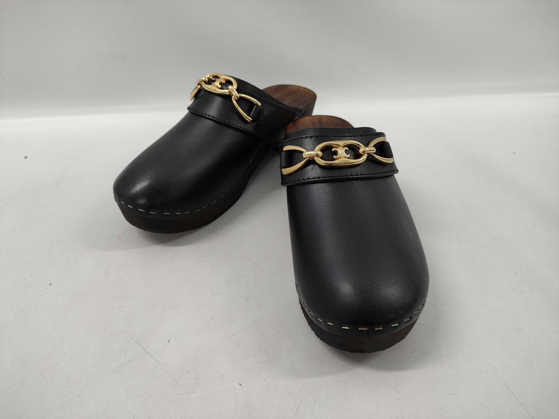 CELINE Triomphe Clog Sandals in Black with Gold Hardware