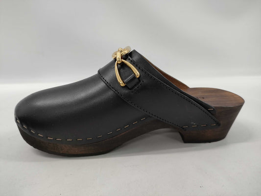 CELINE Triomphe Clog Sandals in Black with Gold Hardware