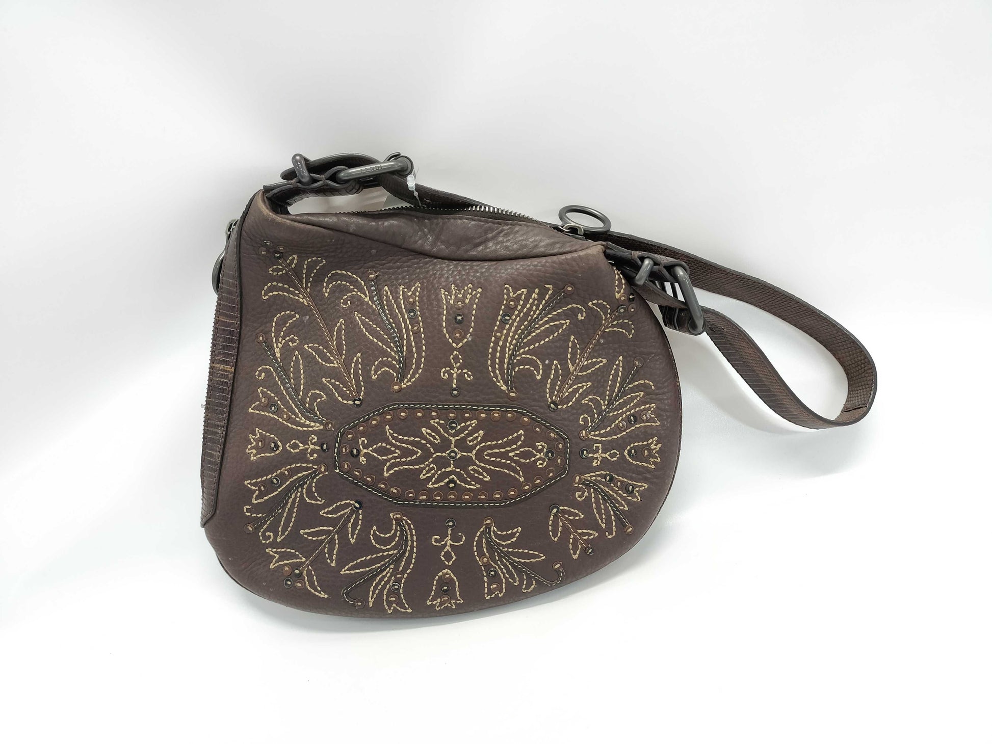 FENDI Vintage Oyster Botanical Embroidered Shoulder Bag