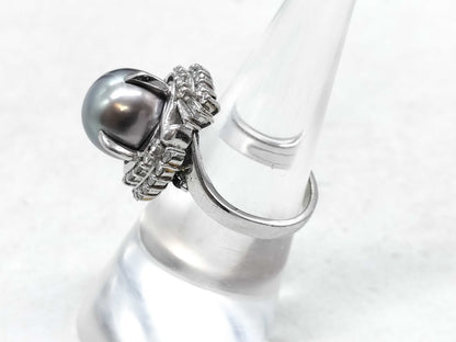 Black South Sea Pearl Ring, Diameter 10.4mm, D0.68ct, Pt900, 10.9g 