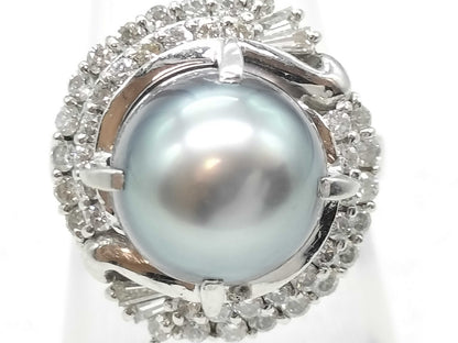 Black South Sea Pearl Ring, Diameter 10.4mm, D0.68ct, Pt900, 10.9g 