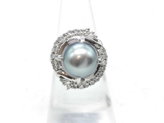 Black South Sea Pearl Ring, Diameter 10.4mm, D0.68ct, Pt900, 10.9g 