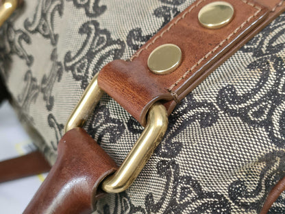 CELINE Mini Boston Bag Macadam Triomphe Logo Canvas and Leather Boston Bag