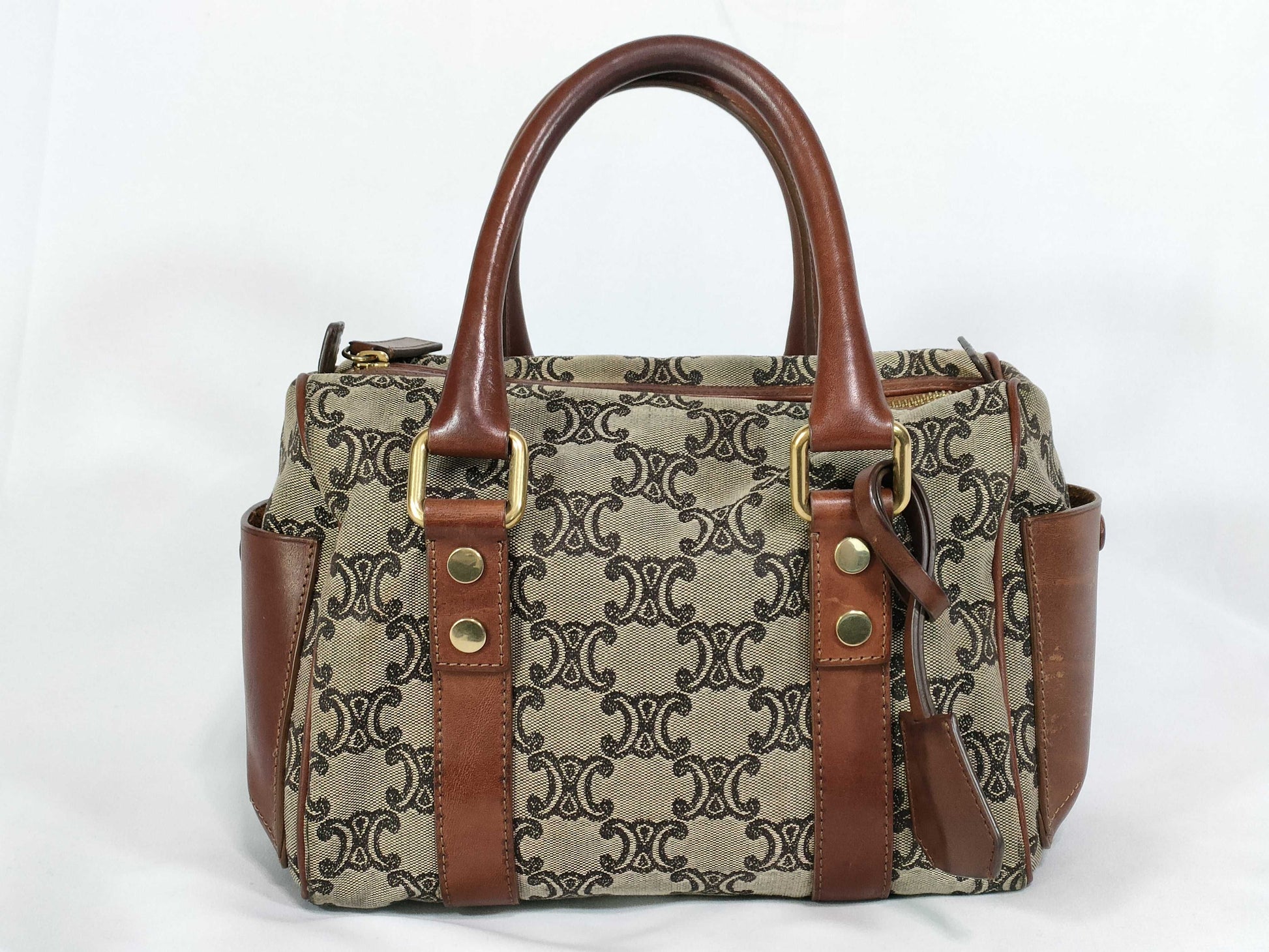 CELINE Mini Boston Bag Macadam Triomphe Logo Canvas and Leather Boston Bag