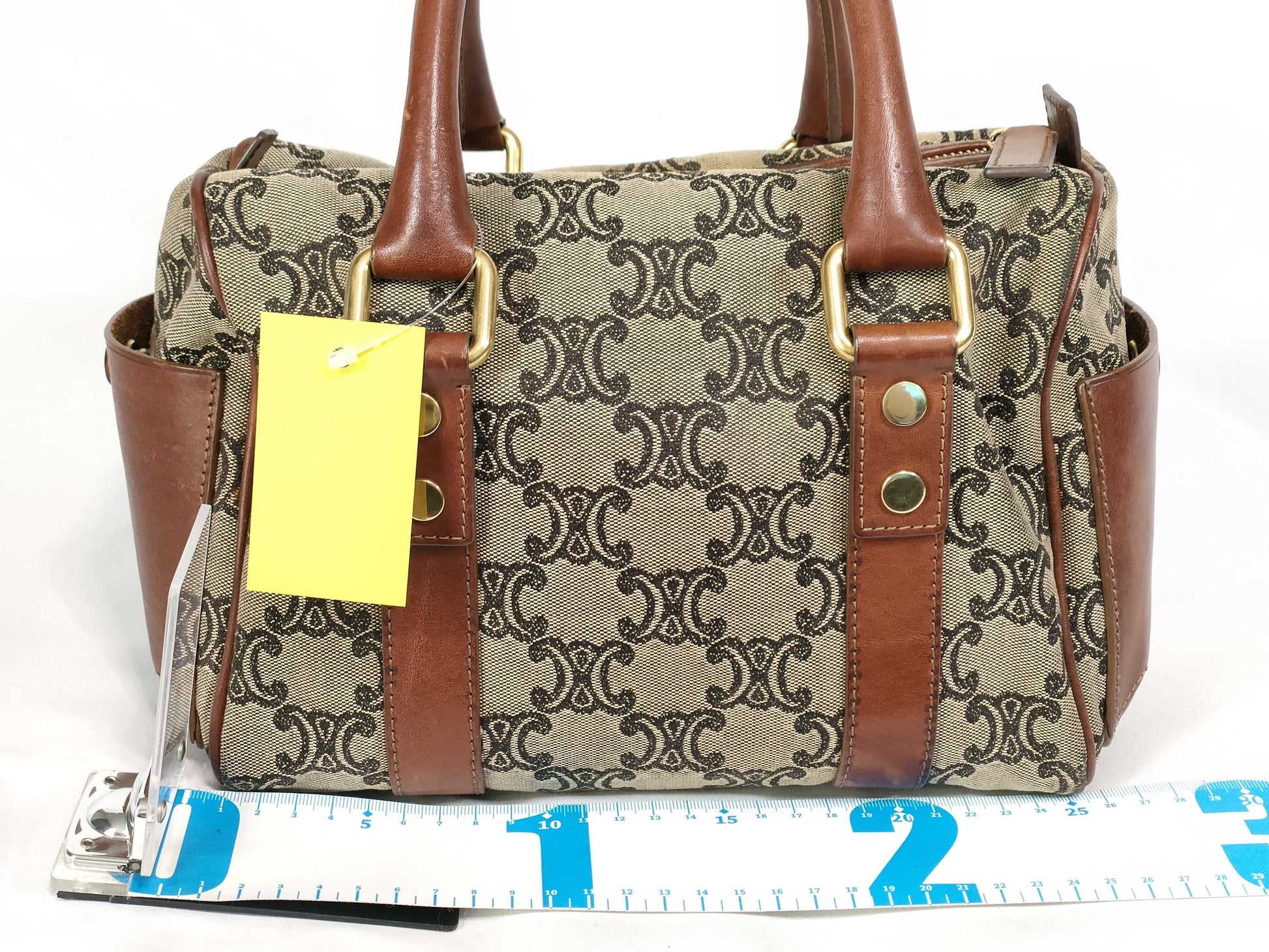 CELINE Mini Boston Bag Macadam Triomphe Logo Canvas and Leather Boston Bag