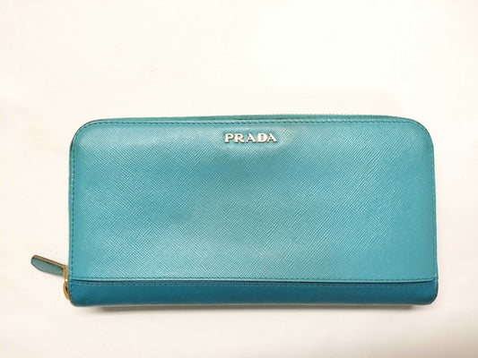 PRADA Saffiano Round Zip Blue Wallet